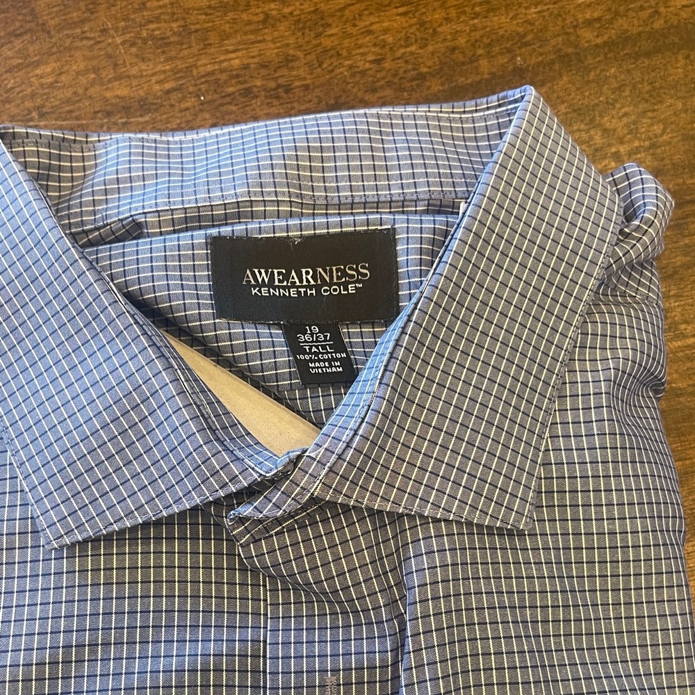 Kenneth Cole Navy and White Checkered Dress Shirt